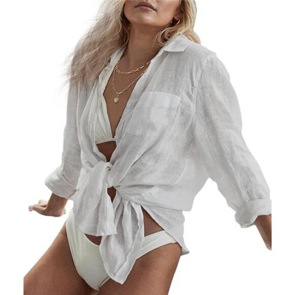 Swimsuit Coverup for Women Bathing Suit Bikini Cover Up Long Sleeve Button Down - Picture 7 of 7
